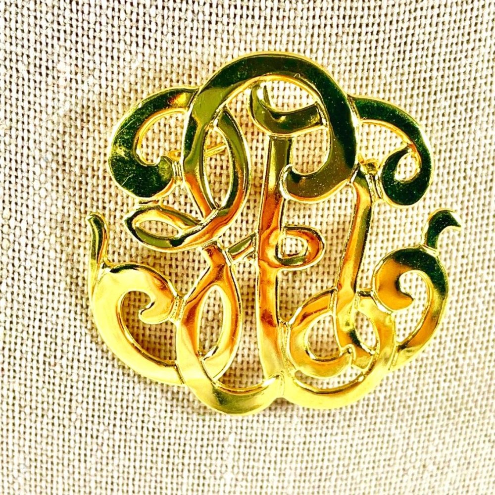 Classic Goldtone Monogram Style Brooch/Scarf Clip Carolee, 1960’s/70’s